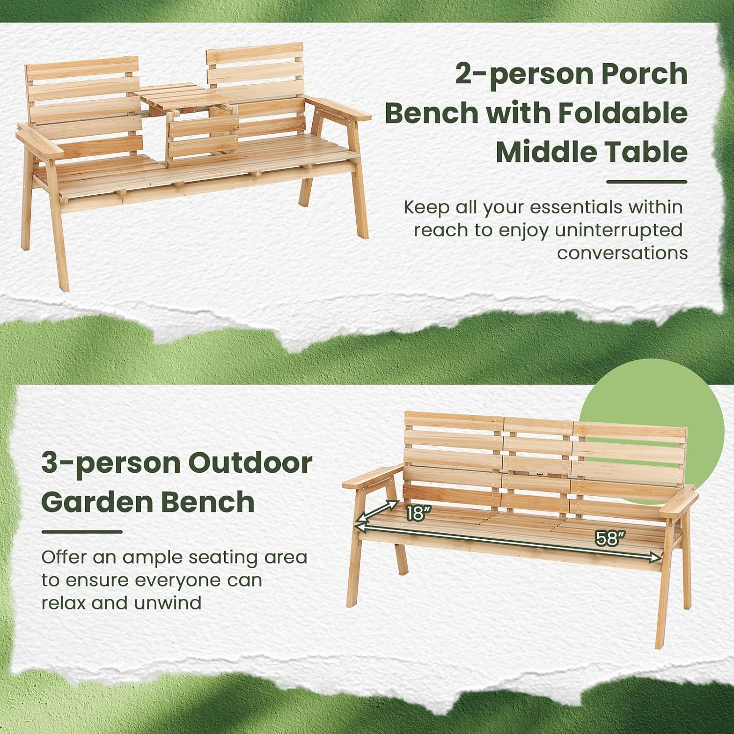 Tangkula Outdoor Fir Wood Bench with Foldable Middle Table, 2-3 Person Garden Bench with Backrest and Armrests, 710 lbs Weight Capacity, Slatted Seat Bench for Porch, Patio, Backyard