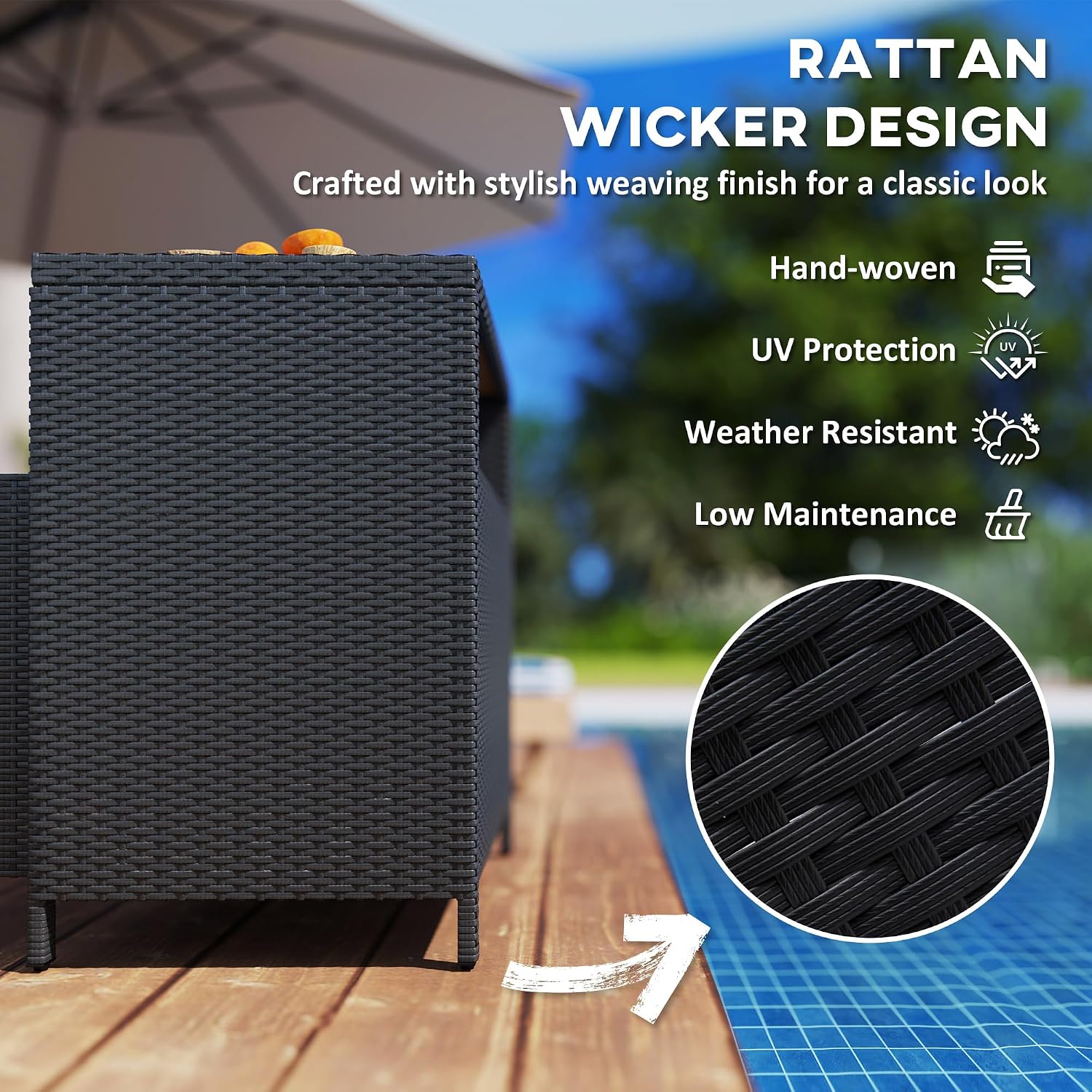 Outsunny Wicker Outdoor Storage Cabinet, Rattan Bar Table with Acacia Wood Countertop, 2 Doors and Shelf, Buffet Cabinet Sideboard for Poolside, Garden, Patio, Backyard, Black