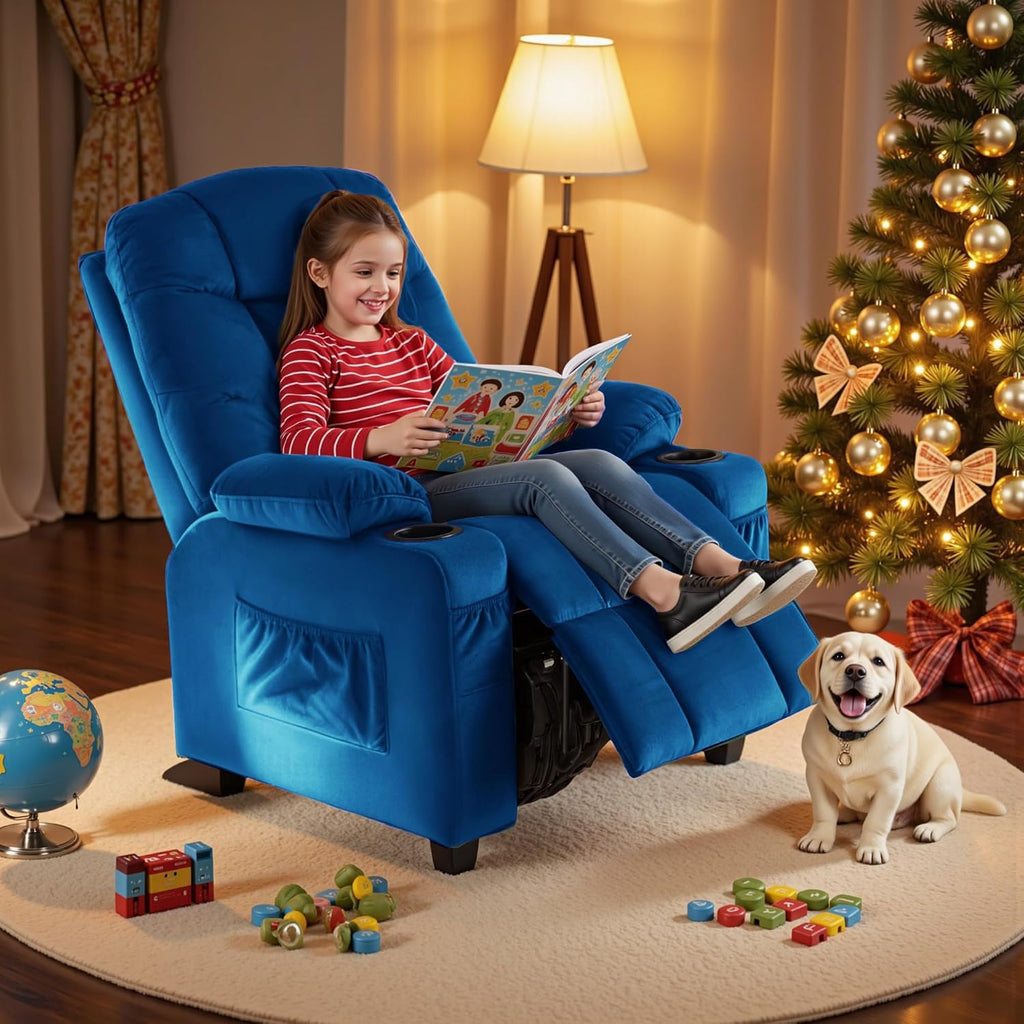 MCombo Big Kids Recliner for Ages 3+, Child Reclining Chair, Toddlers Recliner Sofa with Cup Holders (Velvet, Navy Blue)