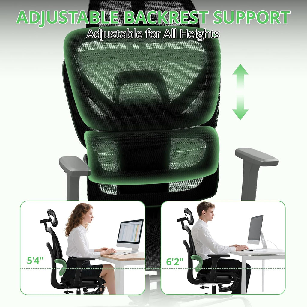 Synorla Ergonomic Office Chair with Footrest, Mesh Desk Chair with 135° Recline, Adjustable Lumbar Support, 3D Armrests and Headrest, Swivel Computer Chair for Home Office