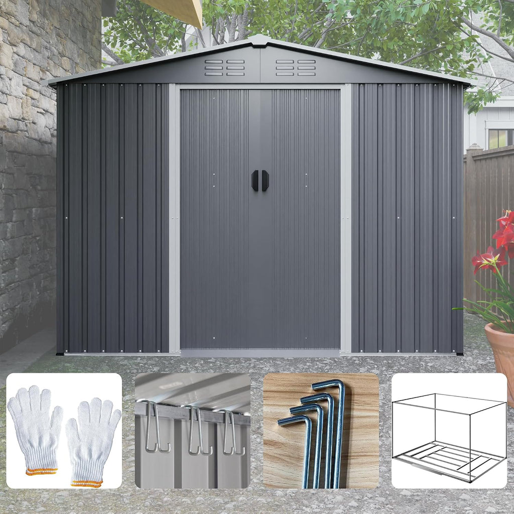 10x8 ft Outdoor Storage shed All Weather Metal Garden shed with Lockable Double Doors Tool Storage for Backyard Patio Lawn and Garden Organization Large Capacity (8x6 ft with Floor Frame)