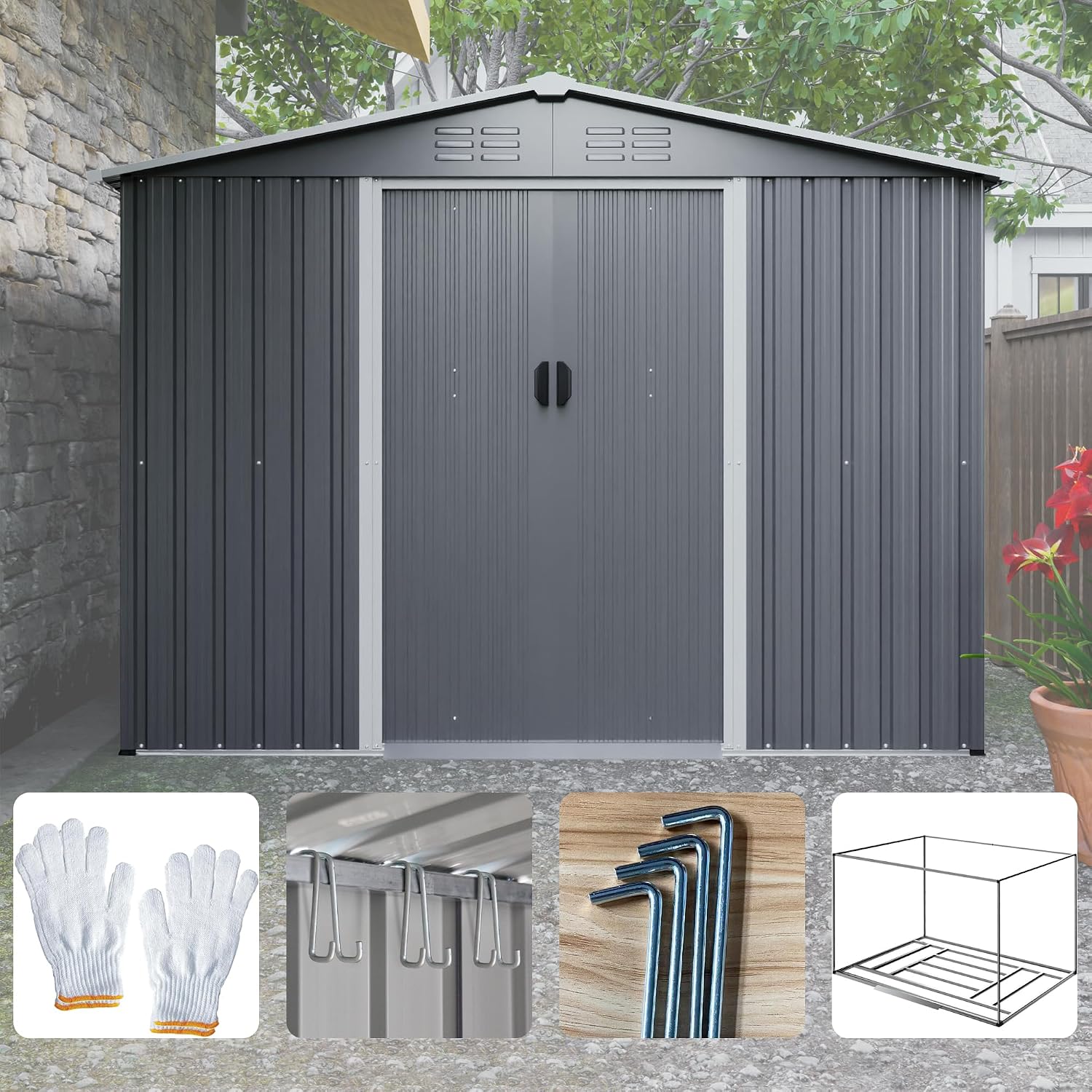 10x8 ft Outdoor Storage shed All Weather Metal Garden shed with Lockable Double Doors Tool Storage for Backyard Patio Lawn and Garden Organization Large Capacity (8x6 ft with Floor Frame)