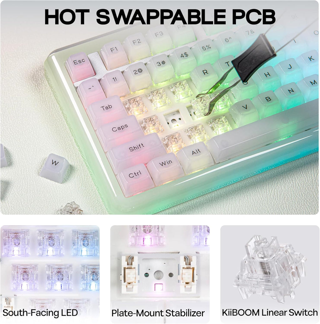 KiiBoom Jade75 75% Resin Molding Mechanical Keyboard, BT5.0/USB-C/2.4GHz Wireless Gaming Keyboard, QMK&VIA Programmable, RGB Backlits, Hot-Swappable, CNC+UV Case for Windows/Mac/Linux (Clear)