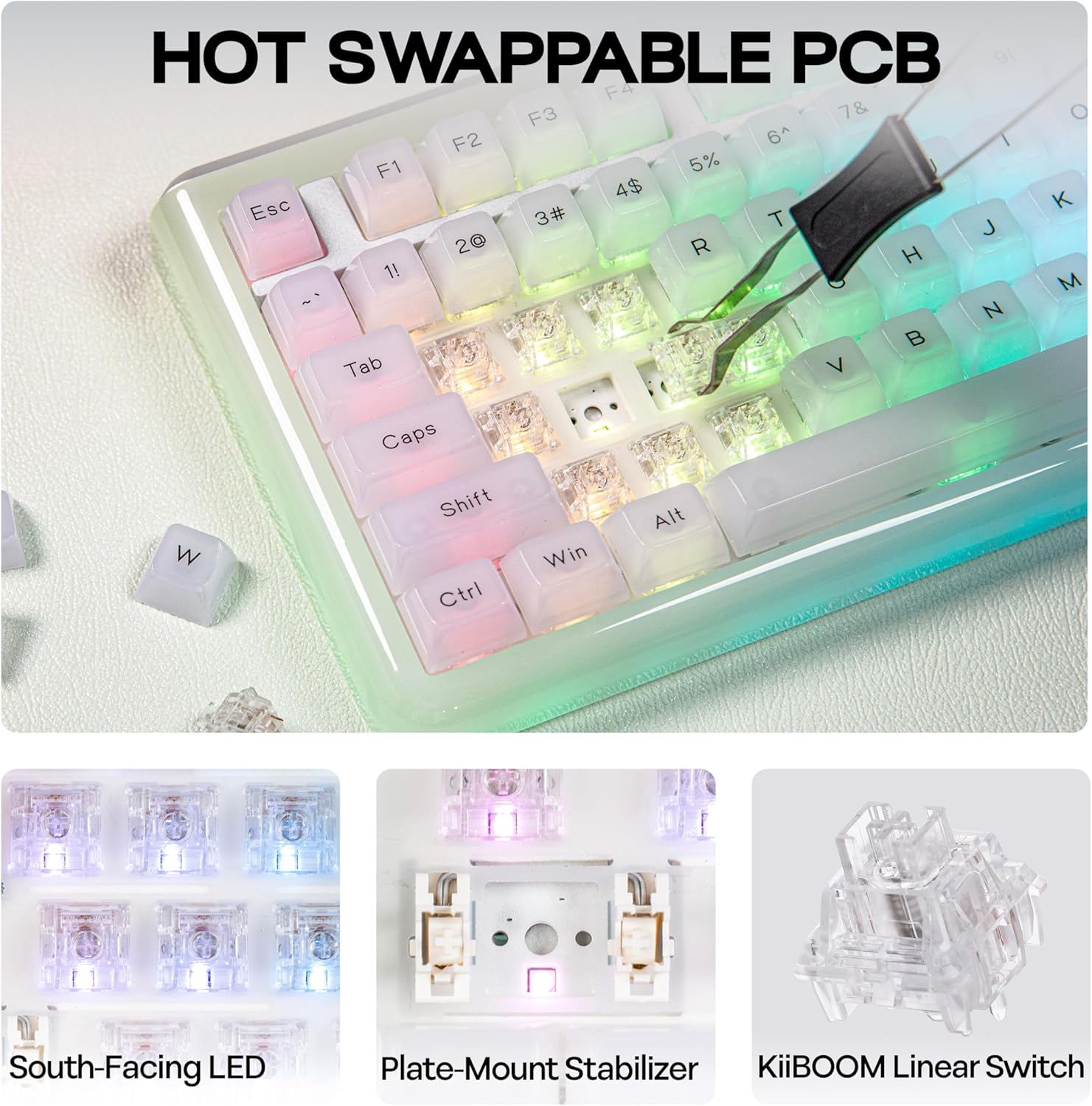 KiiBoom Jade75 75% Resin Molding Mechanical Keyboard, BT5.0/USB-C/2.4GHz Wireless Gaming Keyboard, QMK&VIA Programmable, RGB Backlits, Hot-Swappable, CNC+UV Case for Windows/Mac/Linux (Clear)
