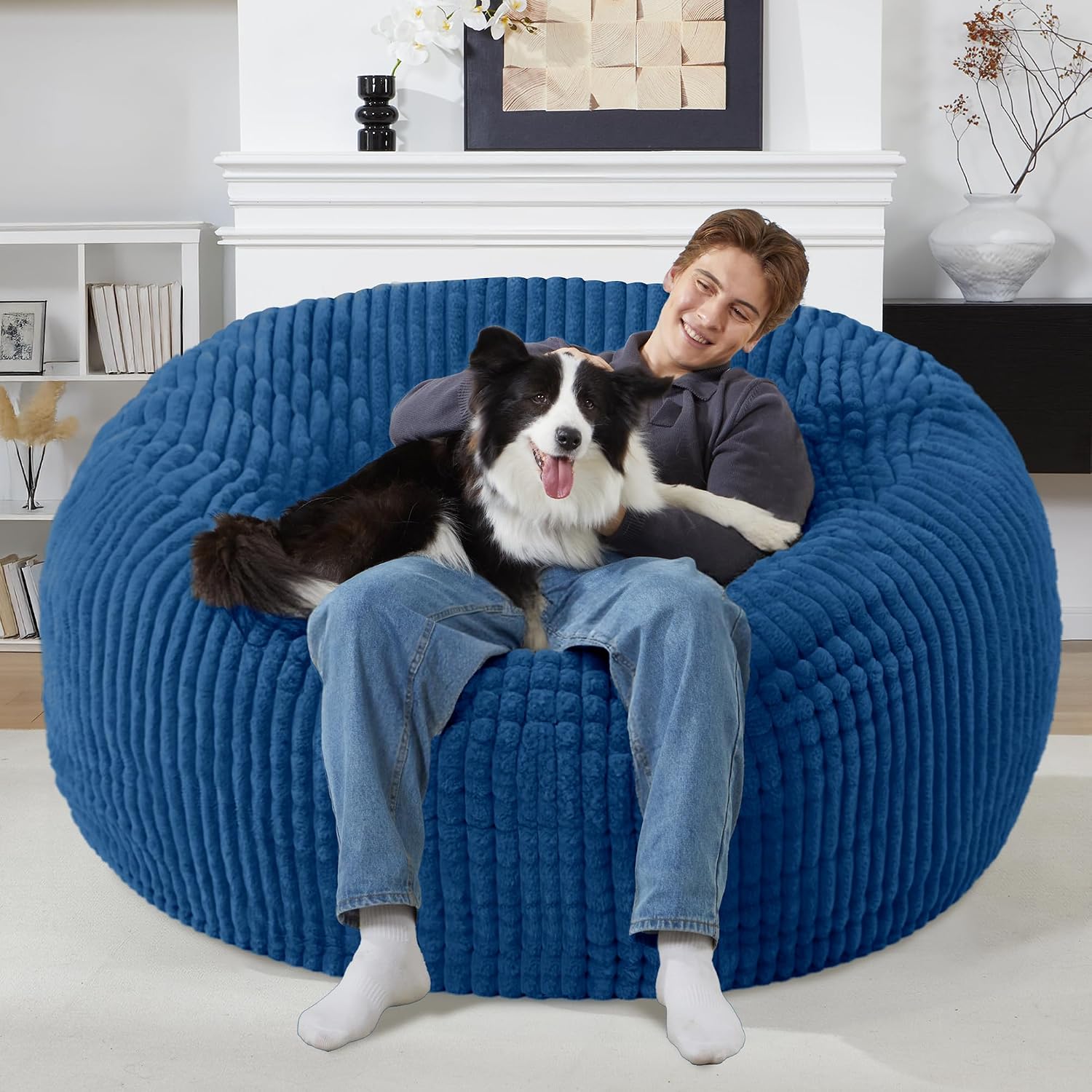 Homguava 6 FT Bean Bag Chair,6' Big Bean Bag,Giant Bean Bag Chairs for Adults with Memory Foam Filled,Comfy Large Beanbag Chairs Soft Bean Bag Sofa with Dutch Corded Plush Cover-Blue