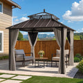 SUNJOY Kingston 10' x 10' Hardtop Gazebo with Galvanized Steel/Polycarbonate Double Roof, Curtain and Netting, Brown Aluminum Posts Permanent Pavilion Gazebo for Garden, Patio, Deck, Lawn