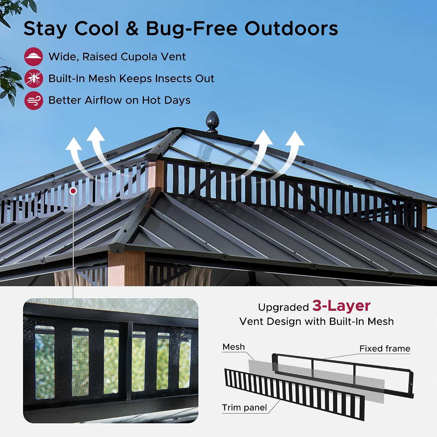 SUNJOY Kingston 14' x 12' Hardtop Gazebo with Galvanized Steel/Polycarbonate Double Roof, Curtain and Netting, Woodgrain Finish Aluminum Posts Permanent Pavilion Gazebo for Garden, Patio, Deck, Lawn