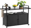 HOMEFUN Outdoor Bar Cart Table - Patio Console Storage Cabinet BBQ Grill Carts Buffet with Wheels Waterproof Wicker Serving Tables for Outside, Black