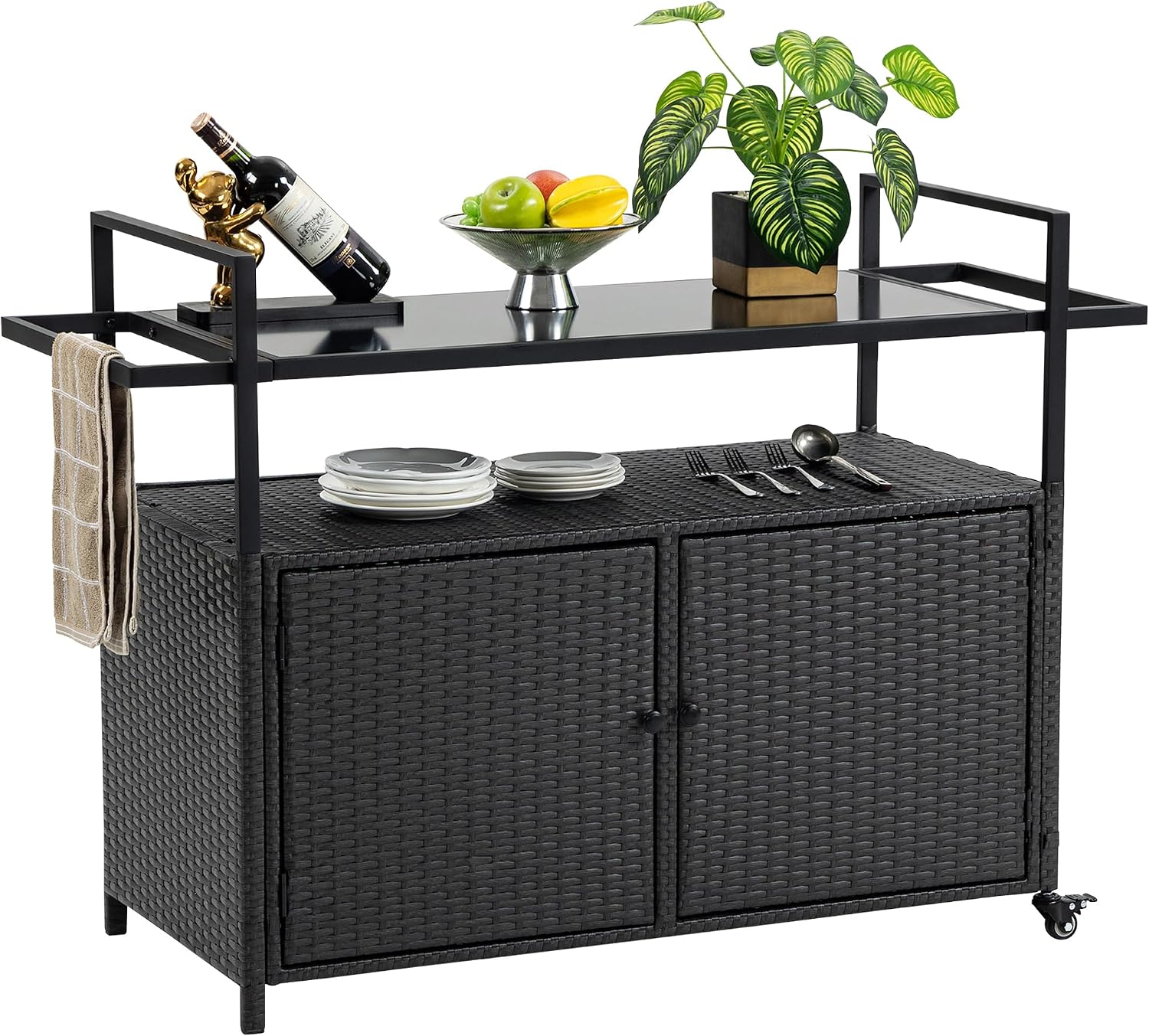 HOMEFUN Outdoor Bar Cart Table - Patio Console Storage Cabinet BBQ Grill Carts Buffet with Wheels Waterproof Wicker Serving Tables for Outside, Black