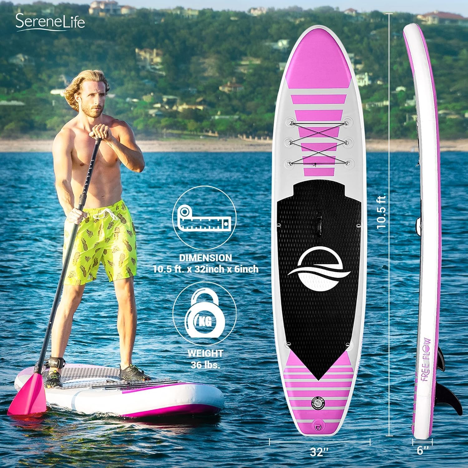 SereneLife 10' Inflatable Stand Up Paddle Board 2-Pack with Premium SUP Accessories – 32' Wide Stable Design with Non-Slip EVA Deck Pad for Youth and Adults, 350 lbs. Capacity Each