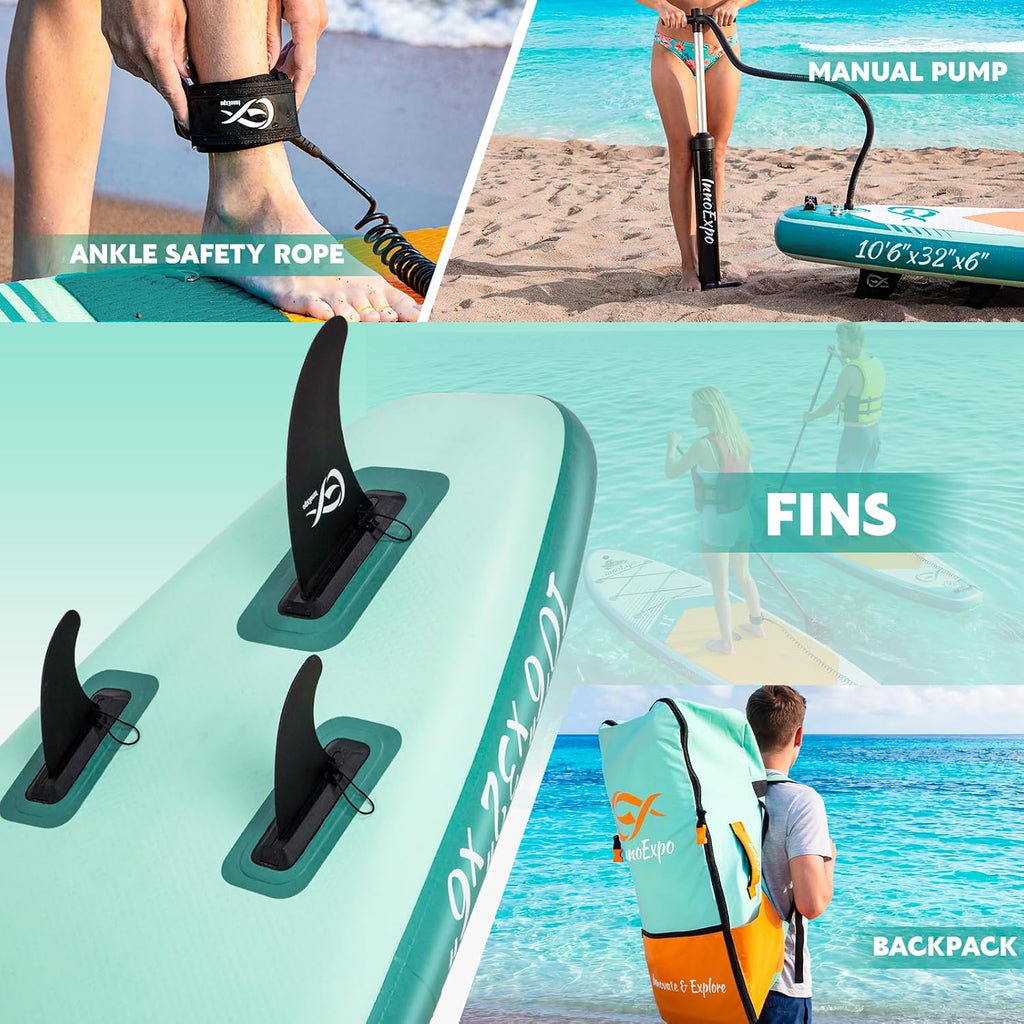 InnoExpo Inflatable Stand Up Paddle Boards with Premium Accessories, Wide Stable SUP Paddle Board Design, Non-Slip Comfort Deck for Youth & Adults