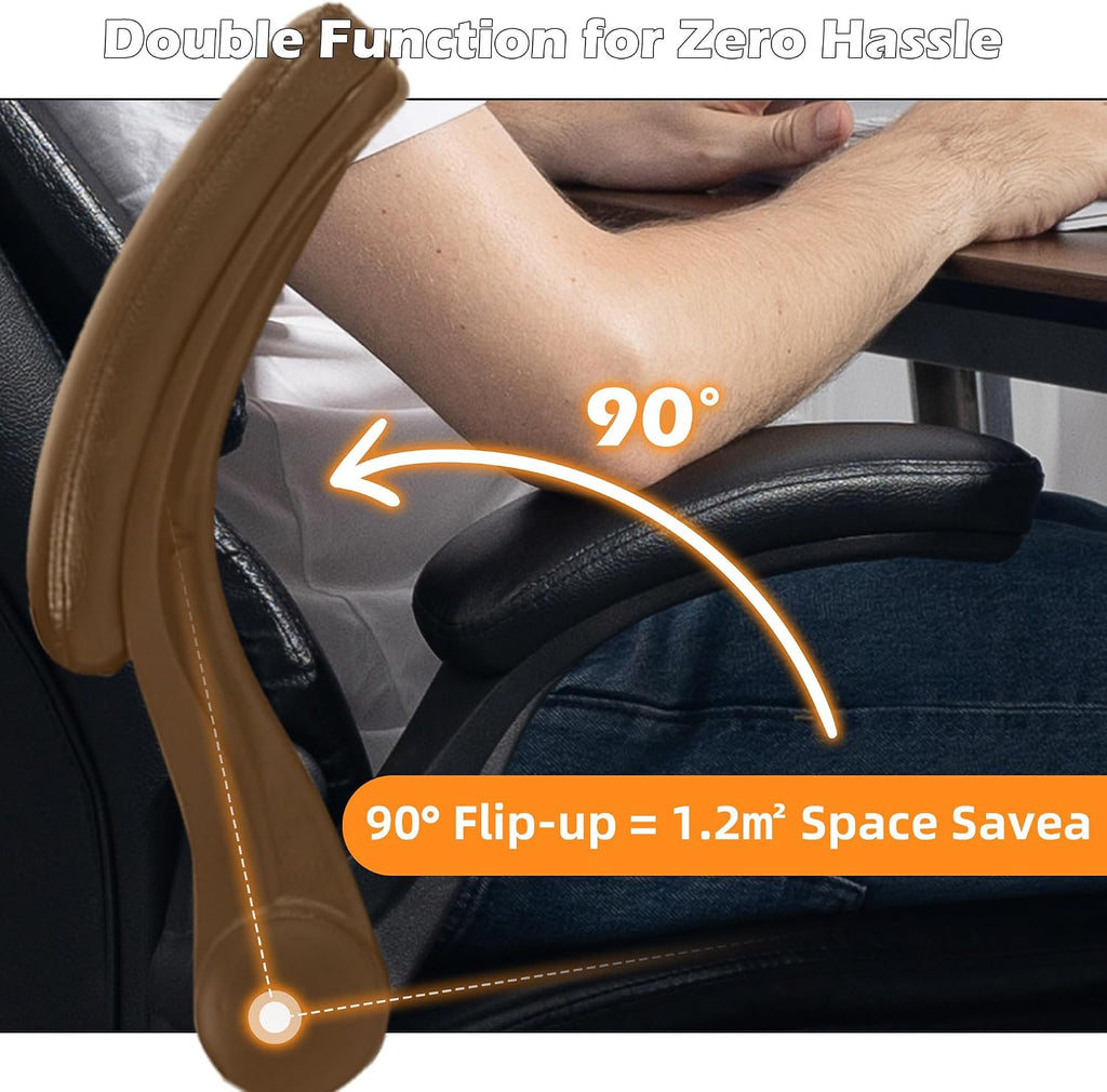 Office Chair - Ergonomic High Back Computer Desk Chair with Rocking Function & Lumbar Support - Executive Comfortable Wide Swivel Rolling Office Leather Chair with Flip-up Armrests for Home Gaming