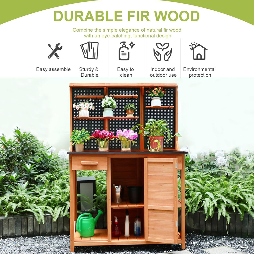 Outdoor Potting Bench,Wooden Potting Table with Metal Tabletop,Garden Work Bench with Drawer and Free Matching Storage Cabinet Shelf/Hooks for Backyard,Patio,Greenhouse (Black, 44 * 20 * 63in)