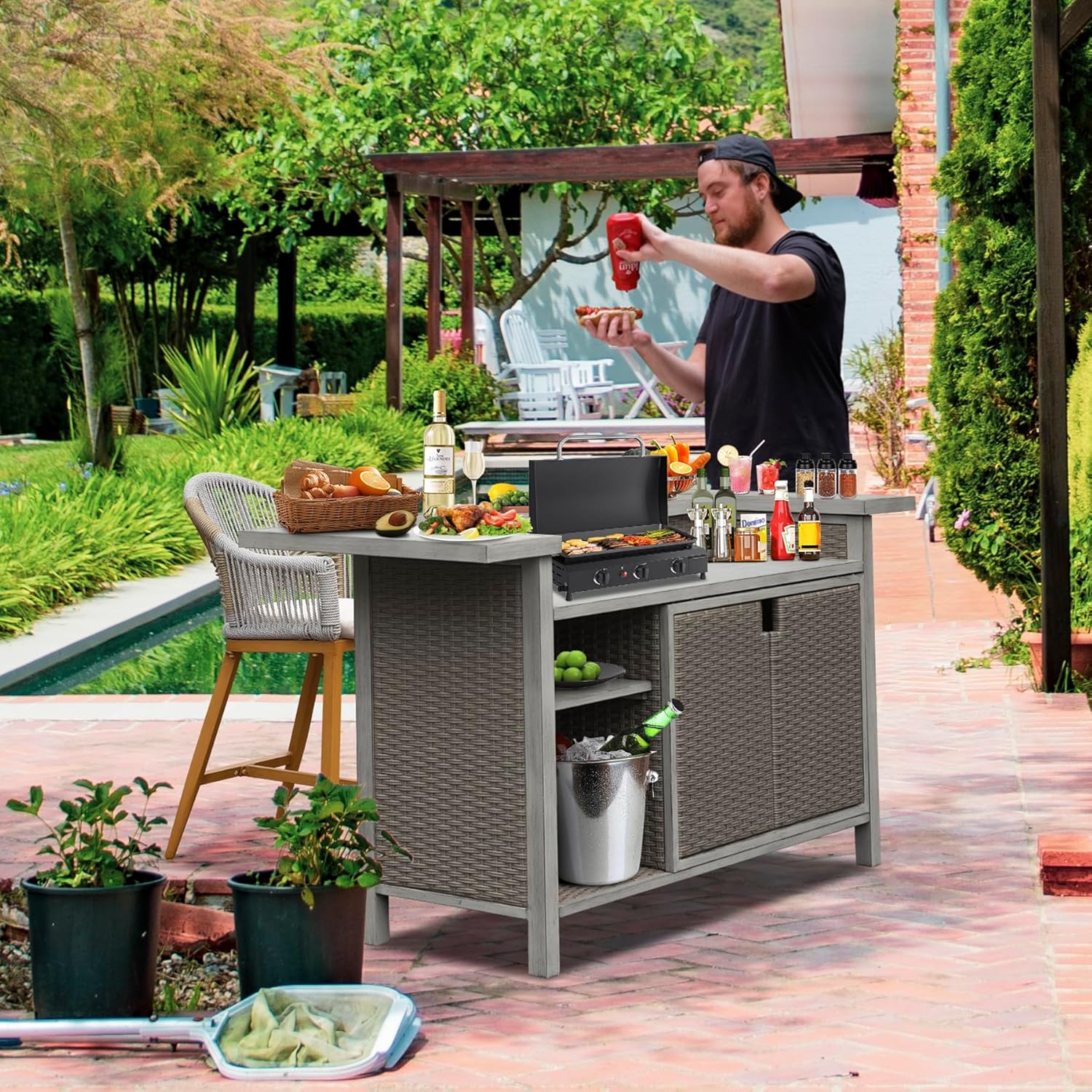 Domi Outdoor Kitchen Bar, Hand-Made Wicker Freestanding Island Home Bar Unit w/Storage Cabinets, Adjustable Shelves, Umbrella Hole, Premium Aluminum Frame, for Patio, Kitchen