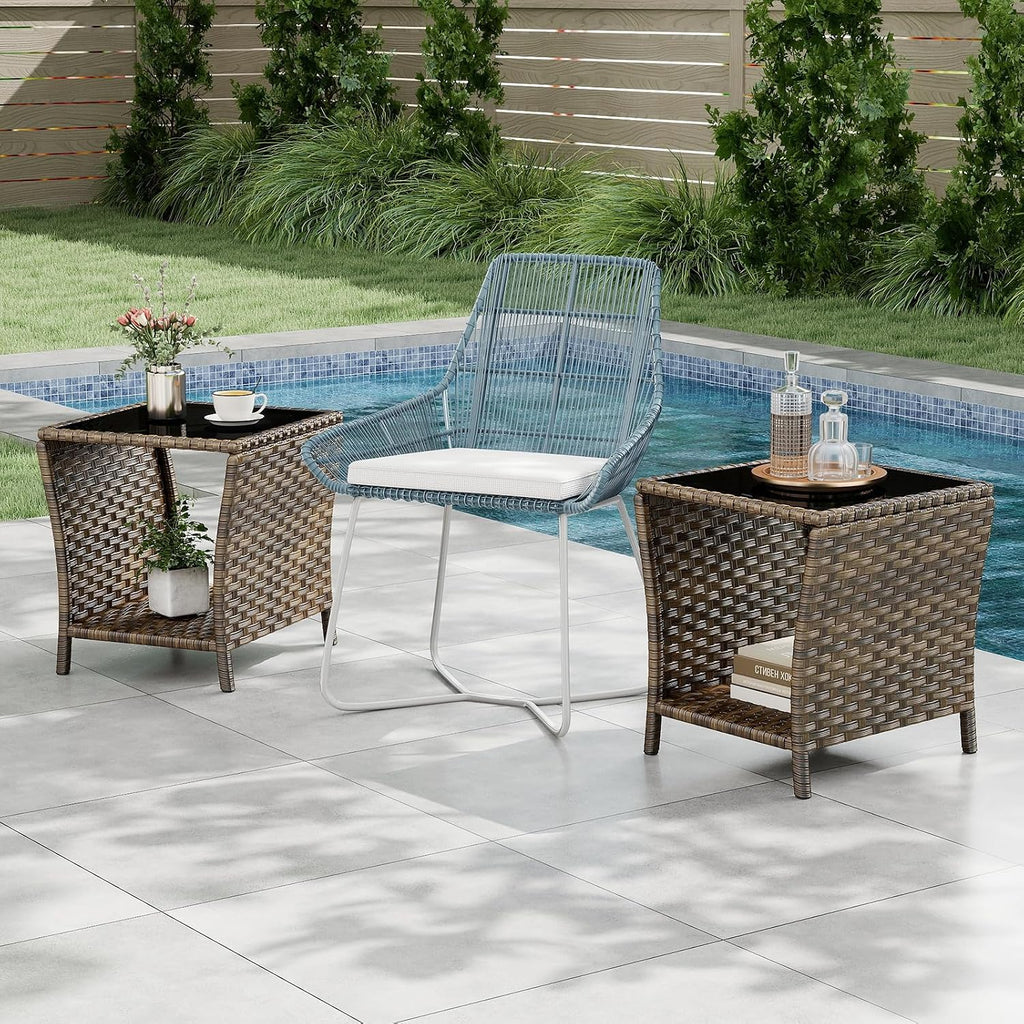 Outdoor Wicker Side Table, Set of 2 Rattan Side Tables End Table for Patio with Glass Top Rattan Storage for Patio Garden Balcony