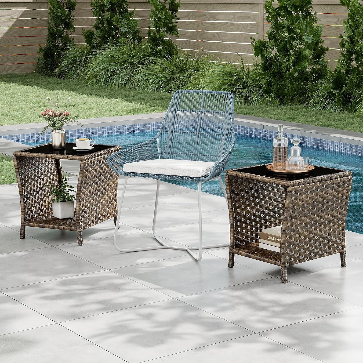 Outdoor Wicker Side Table, Set of 2 Rattan Side Tables End Table for Patio with Glass Top Rattan Storage for Patio Garden Balcony