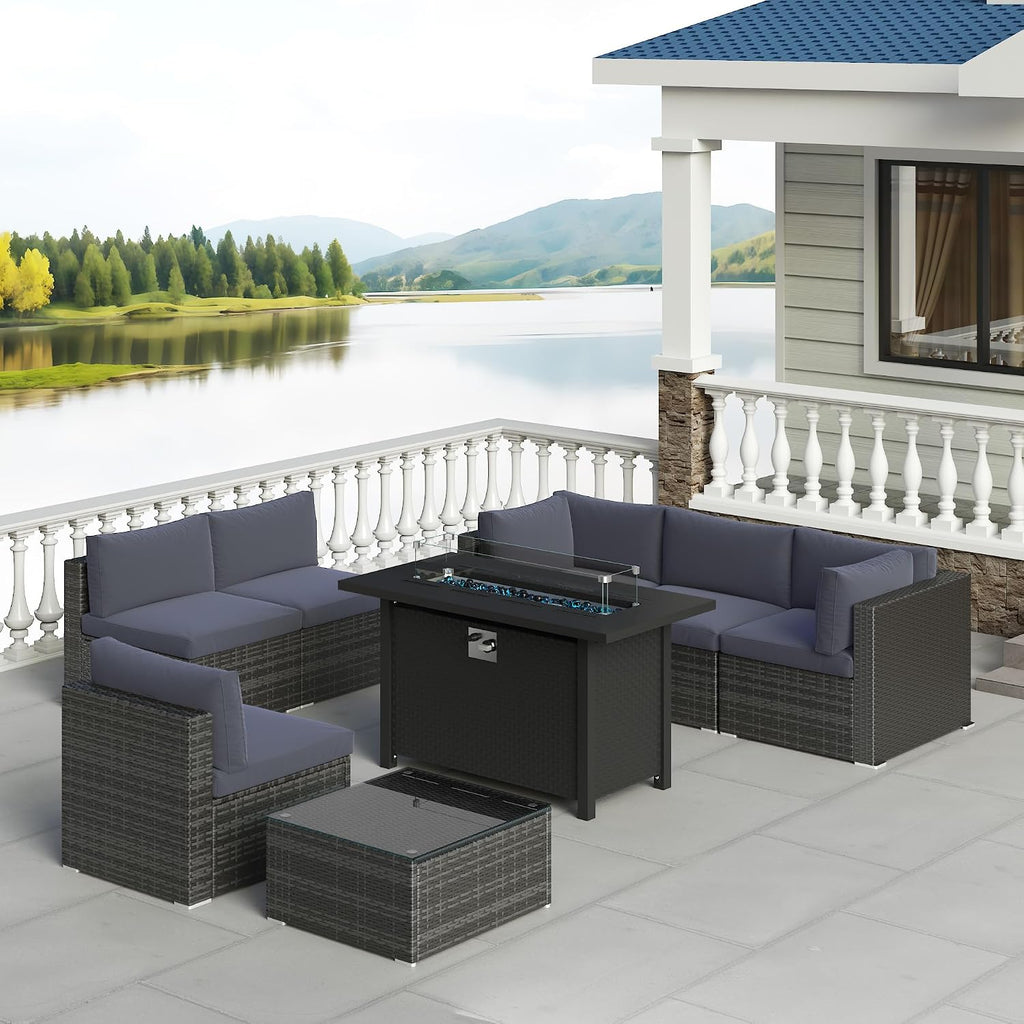 SUNVIVI OUTDOOR 8-Piece Modular Outdoor Patio Furniture Set, Wicker Outdoor Sectional Sofa with 45' Fire Pit Table, All-Weather Rattan with Cushions and Coffee Table for Porch Garden Backyard, Grey