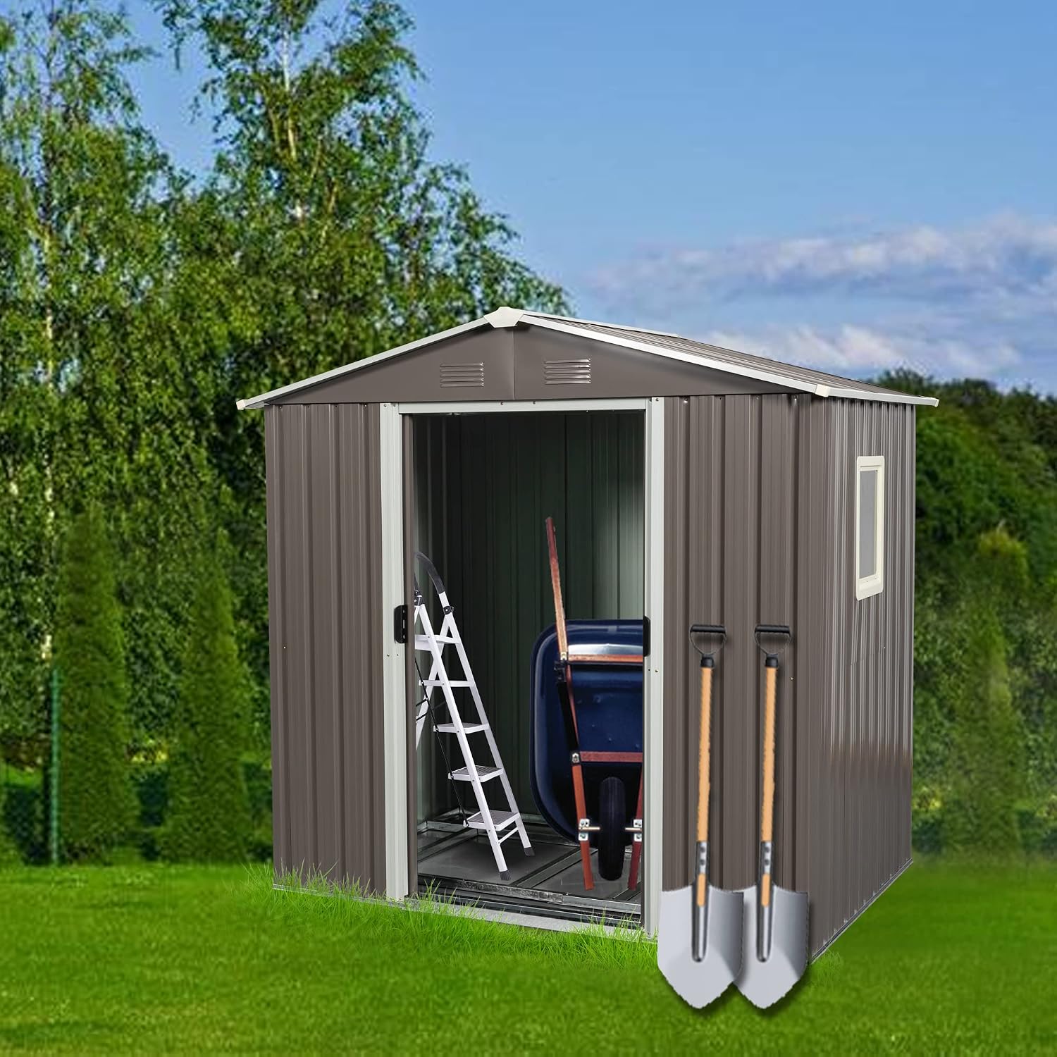 KEIKI 6x5 FT Outdoor Metal Storage Shed with Peaked Roof,Vents,Window and Metal Foundation for Garden Yard
