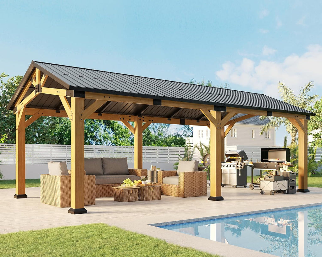 Jocisland 12' x 24' Cedar Wood Hardtop Gazebo with Galvanized Steel Roof, Waterproof Outdoor Gazebo Pavilion, Heavy-Duty Snow & Wind Resistant Carport for Patio, Driveway, Garden