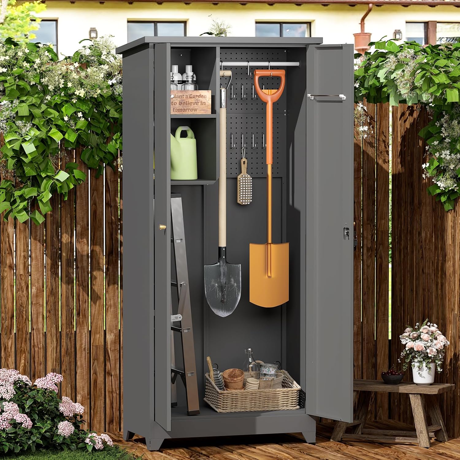 GREATMEET 72.8' Outdoor Broom Storage Cabinet, Metal Storage Cabinets for Cleaning Supplies with Slanted Roof, Utility Closet, Waterproof Outdoor Shed for Broom Mop, Grey