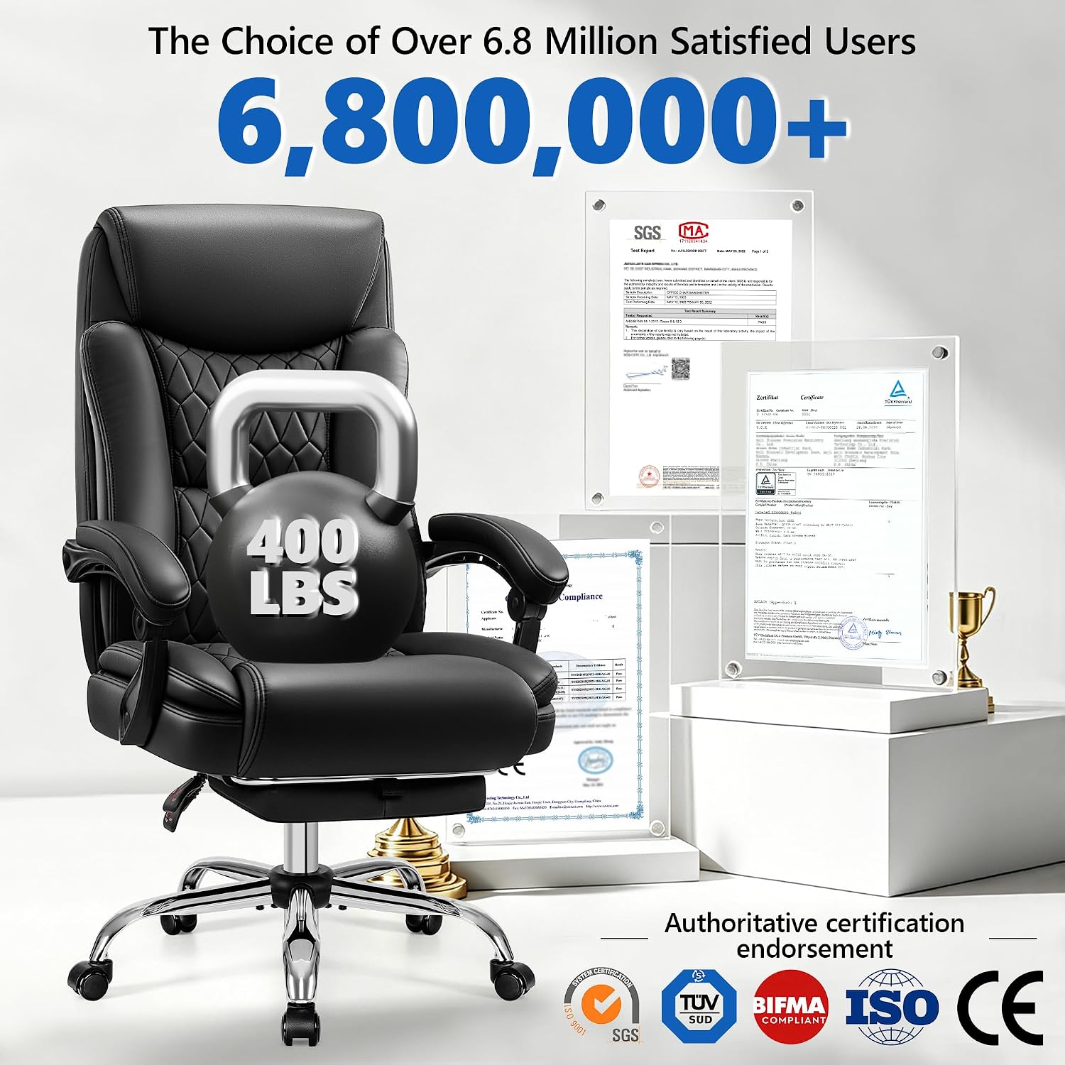 Big and Tall Office Chair 400lbs - Wide Memory Foam Seat with Spring Pack, Reclining Executive Desk Chair with Footrest, Ergonomic Heavy Duty High Back Computer Chair, Black