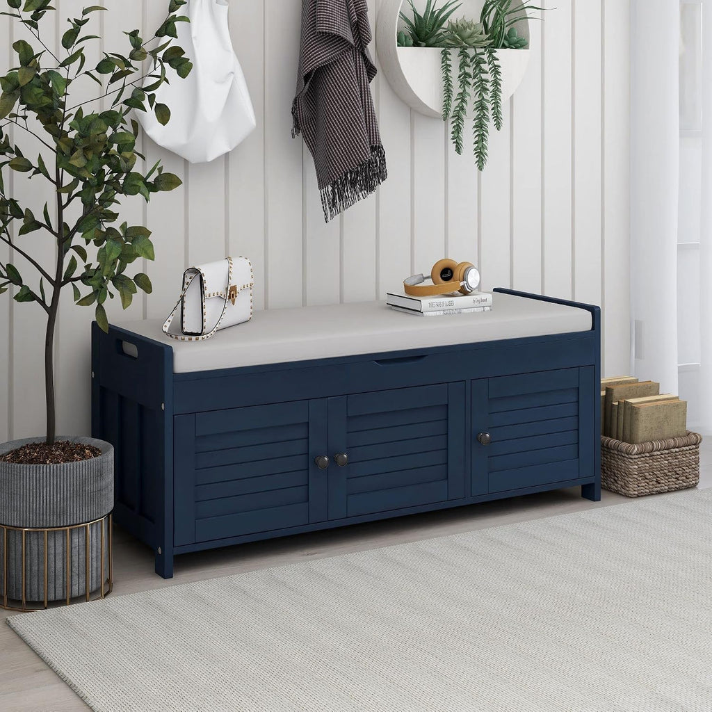 Storage Bench with 3 Shutter-Shaped Doors and Flip-Open Storage Box, Shoe Rack for Entryway and Hallway,Shoe Bench with Adjustable Shelves Storage Space and Removable Seat Cushion, Antique Navy