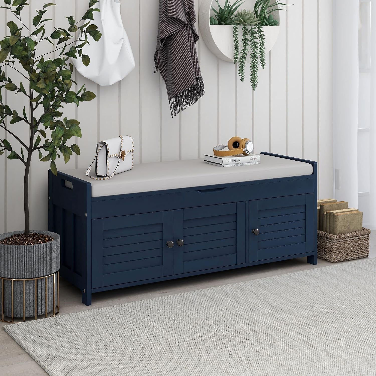 Storage Bench with 3 Shutter-Shaped Doors and Flip-Open Storage Box, Shoe Rack for Entryway and Hallway,Shoe Bench with Adjustable Shelves Storage Space and Removable Seat Cushion, Antique Navy