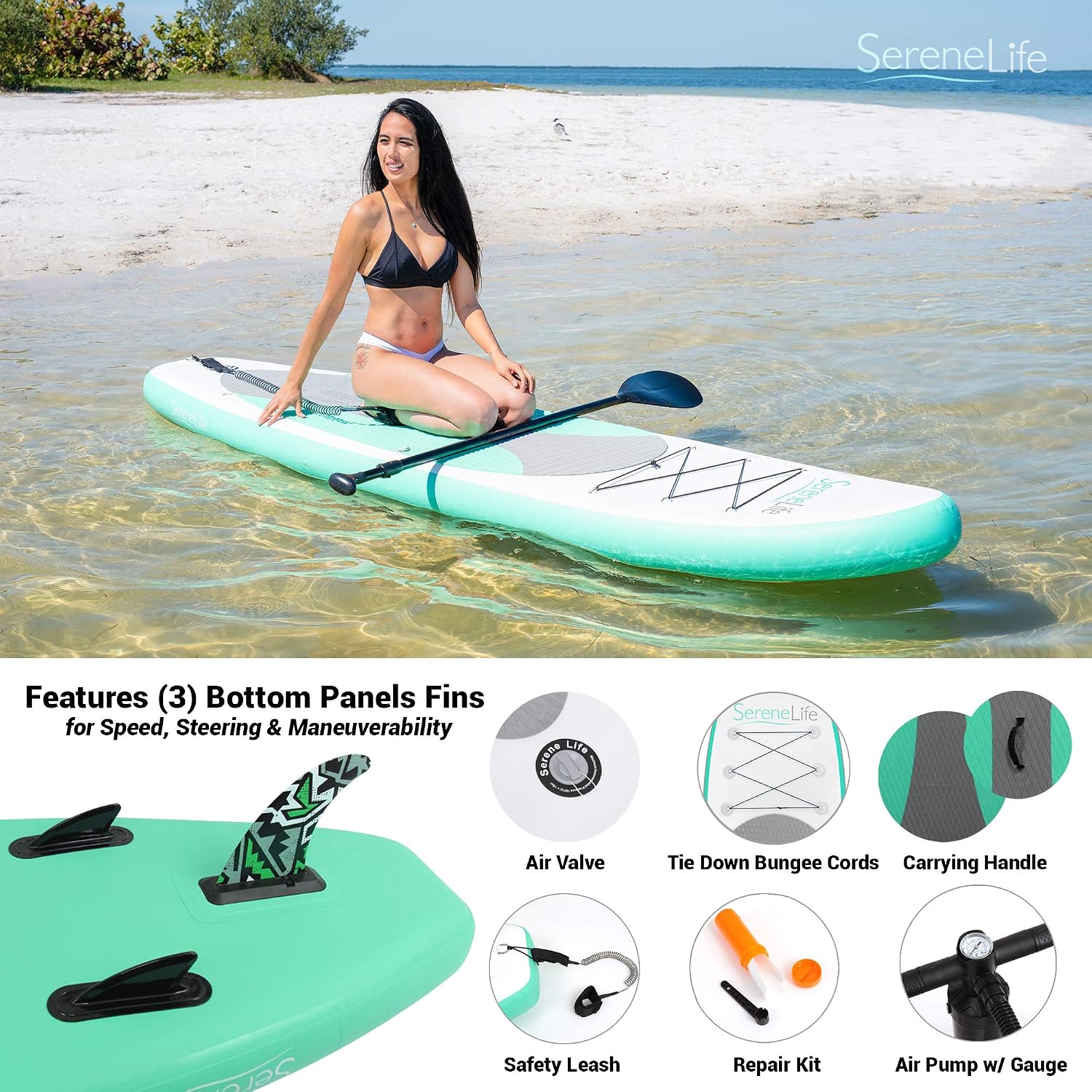 SereneLife 10' Inflatable Stand Up Paddle Board 2-Pack with Premium SUP Accessories – 32' Wide Stable Design with Non-Slip EVA Deck Pad for Youth and Adults, 350 lbs. Capacity Each