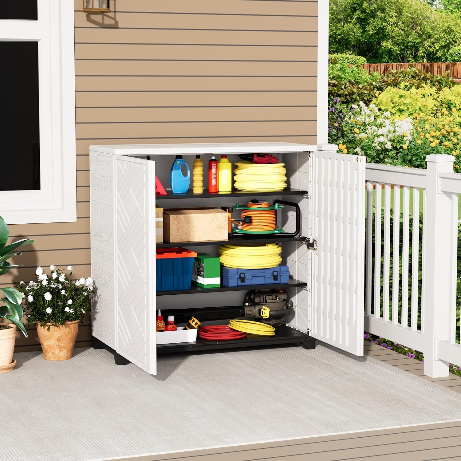 Mrosaa Outdoor/Indoor Storage Box,Resin and Plastic Storage Cabinet Waterproof,Outdoor Cabinet for Patio/Garden/Balcony/Backyard/All Room(with 3 Shelves)-White