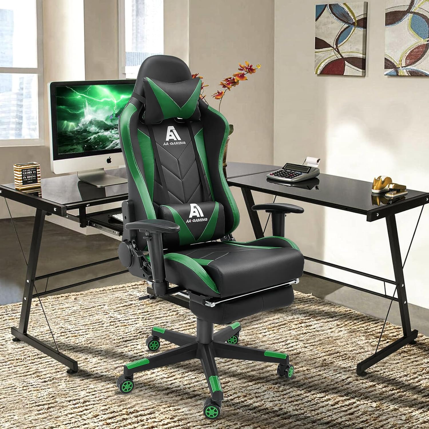 Gaming Chair High Back Ergonomic Computer Racing Chair Adjustable Office Chair with Footrest, Lumbar Support Swivel Chair - Upgraded Version Blackgreen