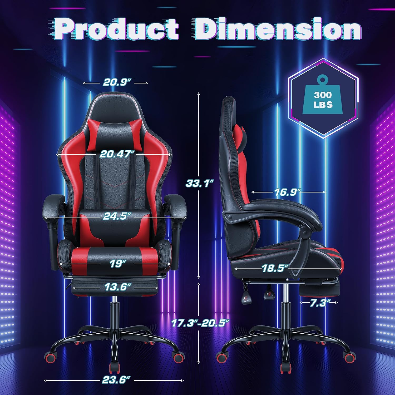 Shahoo Gaming Chair with LED Lights, Footrest and Massage Lumbar Support, Ergonomic Computer Seat Height Adjustable with 360°Swivel and Headrest, Red with RGB