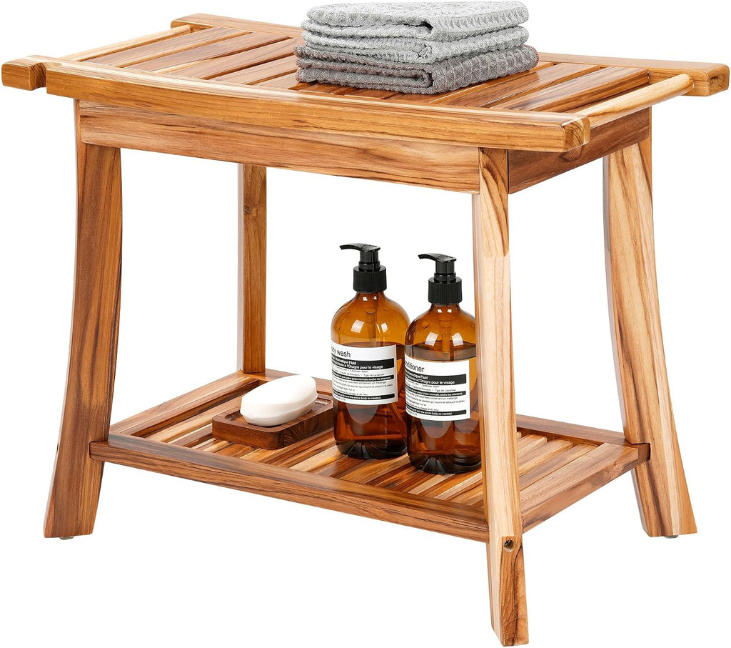 24' Solid Teak Shower Bench with Towel Bar & Storage Shelf - Waterproof Bath Stool with Fixed Non-Slip Feet, 300lbs Capacity