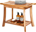 24' Solid Teak Shower Bench with Towel Bar & Storage Shelf - Waterproof Bath Stool with Fixed Non-Slip Feet, 300lbs Capacity