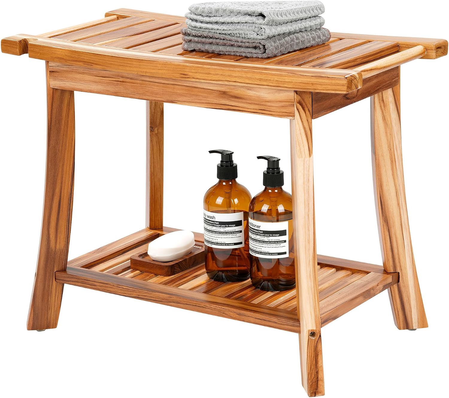 24' Solid Teak Shower Bench with Towel Bar & Storage Shelf - Waterproof Bath Stool with Fixed Non-Slip Feet, 300lbs Capacity