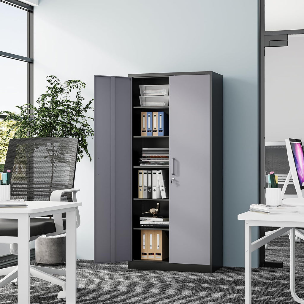 Fesbos Metal Storage Cabinet-72' Tall Steel File Cabinets with Lockable Doors and 5 Adjustable Shelves-Black&Gray Steel Storage Cabinet for Home, School, Office, Garage