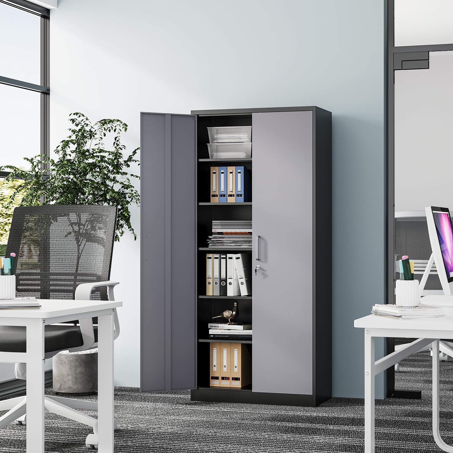 Fesbos Metal Storage Cabinet-72' Tall Steel File Cabinets with Lockable Doors and 5 Adjustable Shelves-Black&Gray Steel Storage Cabinet for Home, School, Office, Garage
