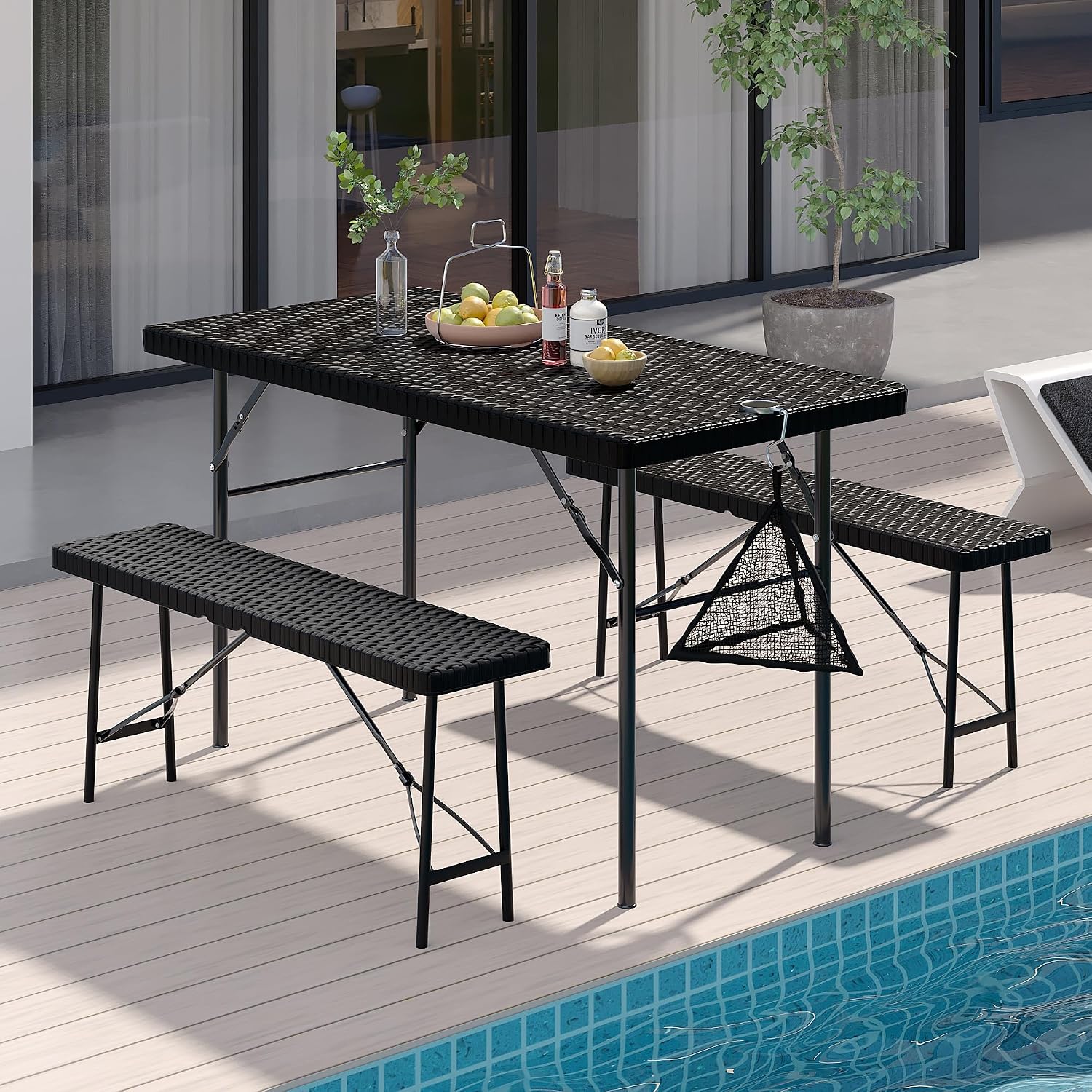 VECELO 3 Piece Folding Picnic Table with 2 Benches, 47.2' Faux Rattan Patio Set with Mesh Bag, Heat-Resistant & Waterproof, for Indoor Outdoor Use, Black