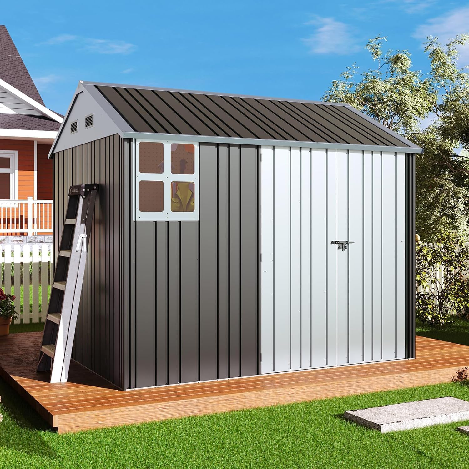 Jocisland 8.5x7.1x7.5 FT Outdoor Storage Shed, Lockable Double Hinged Doors and 4 Vents, Metal Shed for Backyard Storage, Dark Black/White