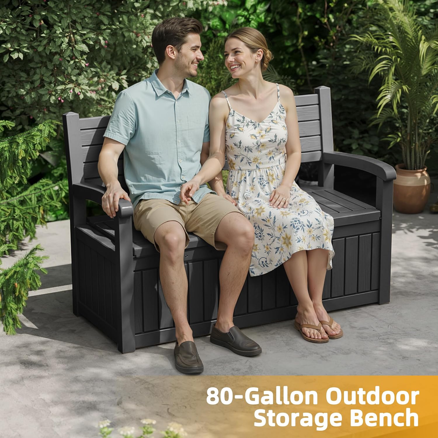 ROJIK 80 Gallon Storage Bench Deck Box Outdoor with Armrests,Wood Grain Style Resin Storage Furniture Waterproof Lockable for Porch Patio and Garden,Sturdy and Durable, Black