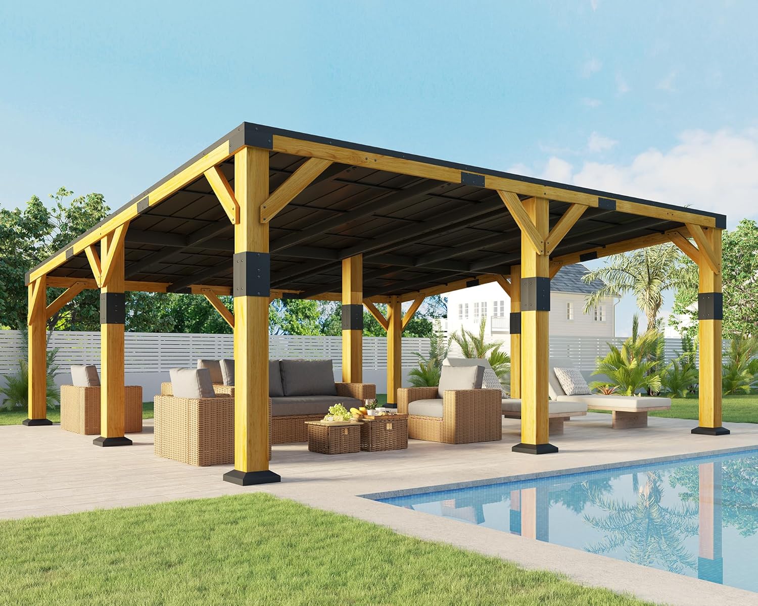 Jocisland 20' x 20' Cedar Wood Gazebo with Sloped Galvanized Steel Roof, Hardtop Gazebo Pavilion with Durable, Rot-Resistant Construction, Permanent Outdoor Pergola for Backyard, Garden & Deck