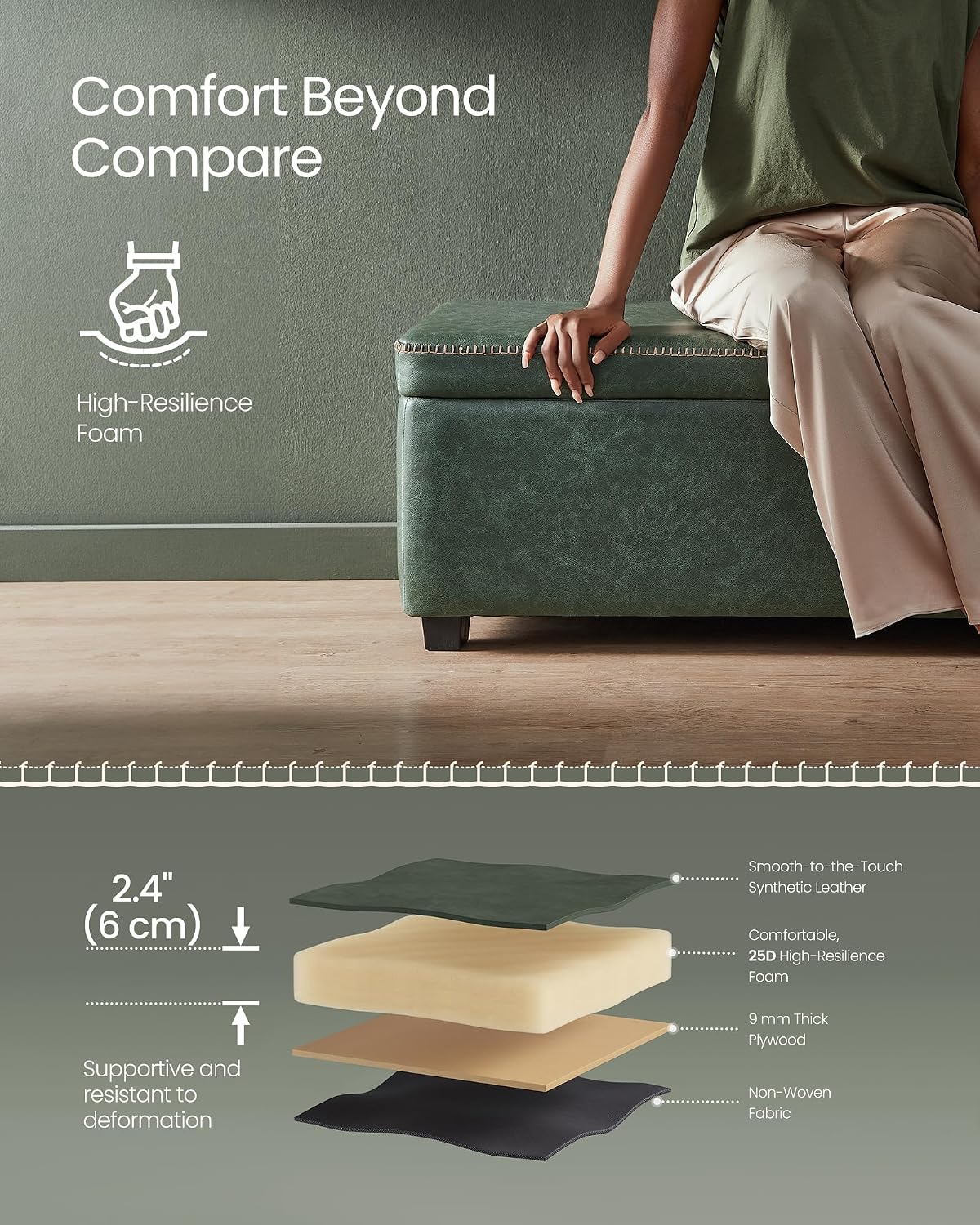 VASAGLE EKHO Collection - Storage Ottoman Bench, Entryway Bedroom Bench, 25 Gallons, Synthetic Leather with Stitching, Mid-Century Modern, Safety Hinges, Loads 660 lb, Forest Green ULOM075C01