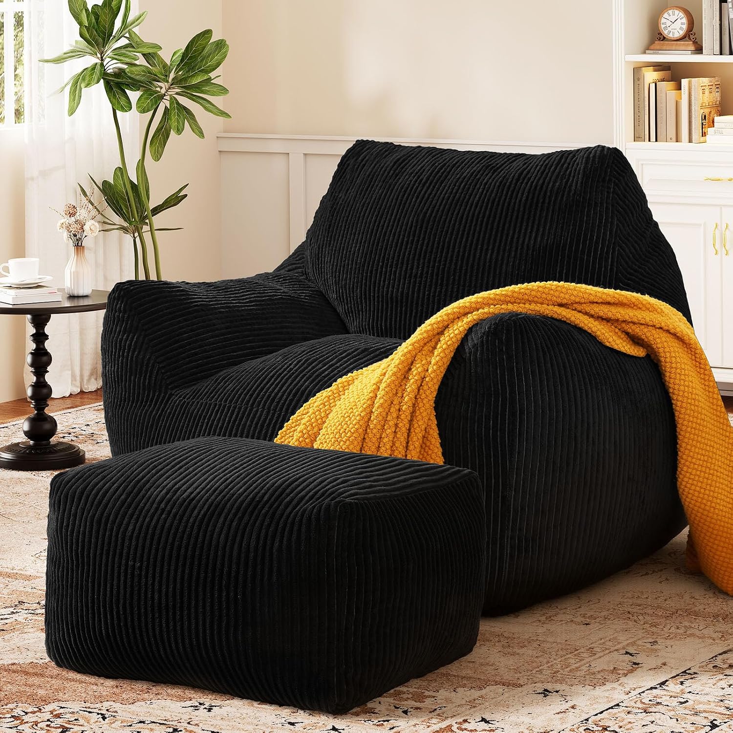 Big Bean Bag Chair for Adults, Ultra Soft Living Room Bean Bag with Armrests & Ottoman, Stuffed BeanBag Chair for Napping, Gaming, Vacuum-Compressed for Easy Gifting, 48h to Expand, Black