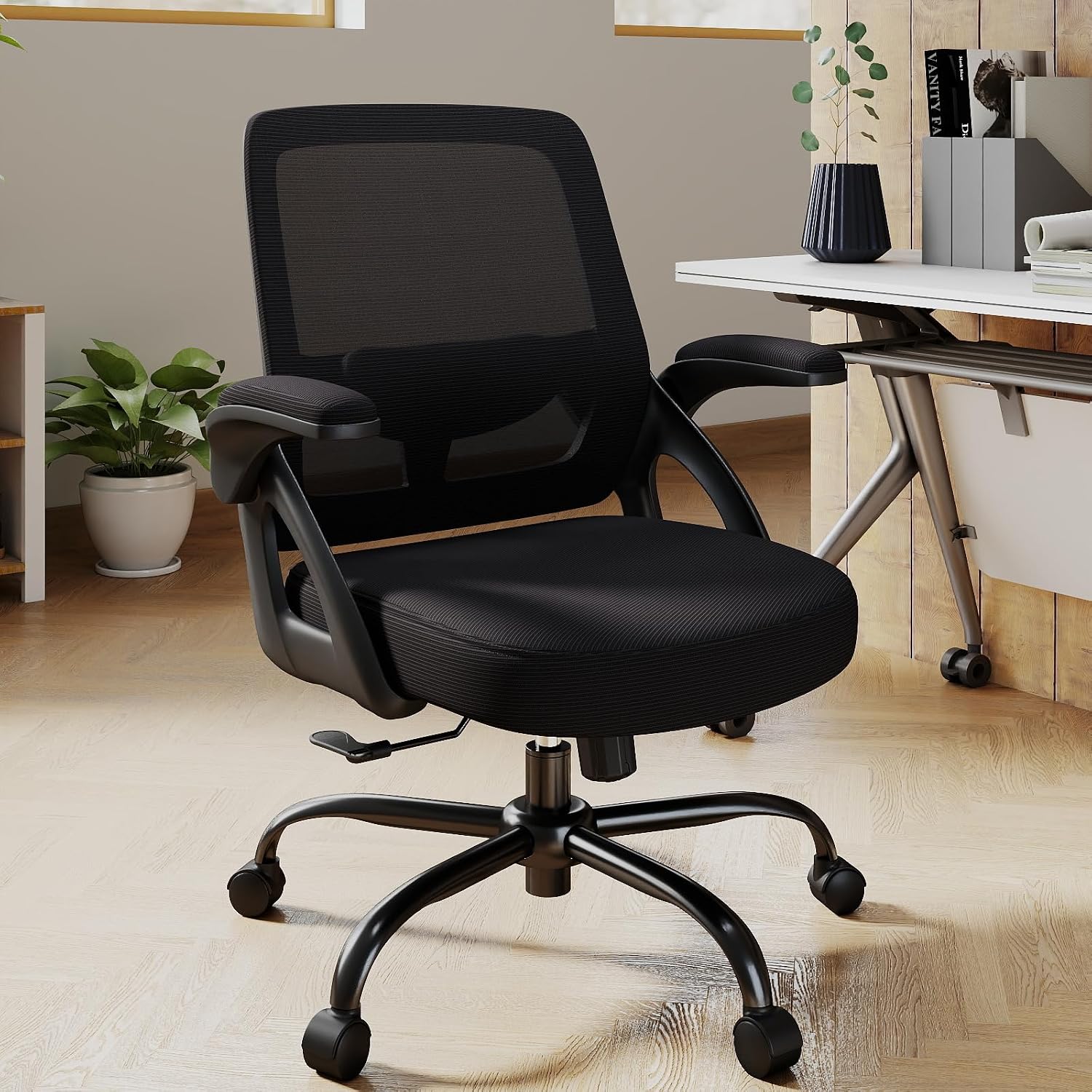 AnyGod Big and Tall Office Chair, Ergonomic Desk Chair Mesh Mid Back with Comfy Lumbar Support Swivel Task Executive Chairs with Wheels, Flip up Arms for Home, Office, Study