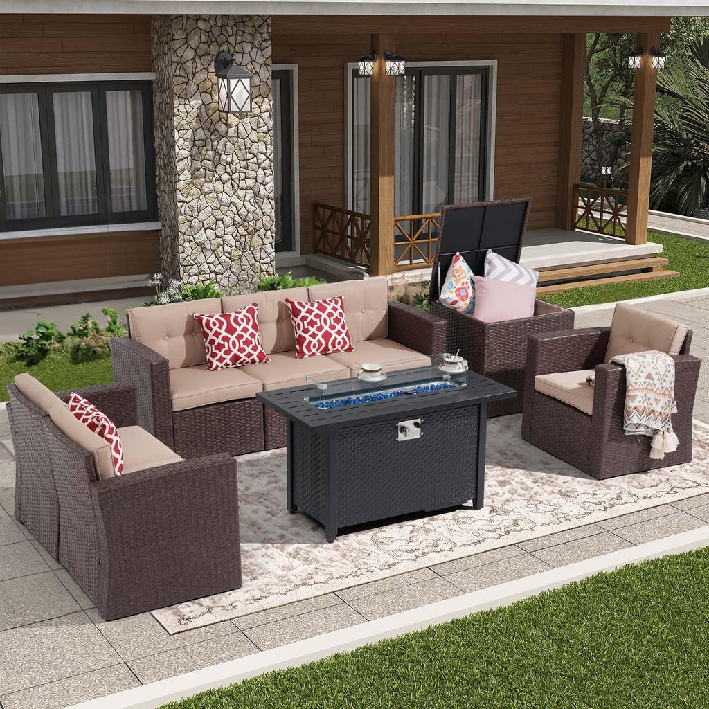 Super Patio 8 Pieces Outdoor Patio Furniture Set with 45' Fire Pit Table, Rattan Patio Conversation Sets with 50000 BTU Gas Fire Pit, Wicker Sectional Sofa Set with Storage Box, Brown(Without Table)