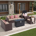 Super Patio 8 Pieces Outdoor Patio Furniture Set with 45' Fire Pit Table, Rattan Patio Conversation Sets with 50000 BTU Gas Fire Pit, Wicker Sectional Sofa Set with Storage Box, Brown(Without Table)