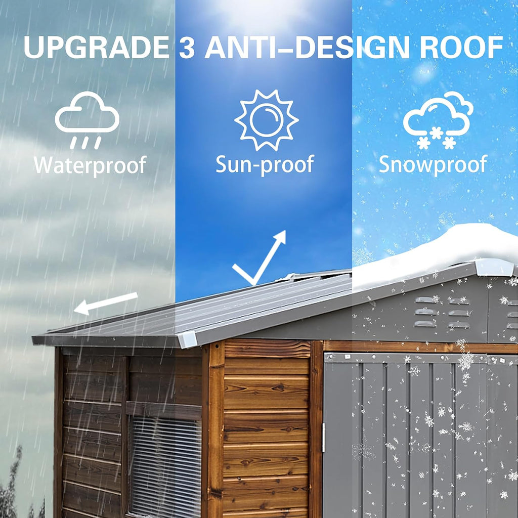 6x4 FT Outdoor Storage Shed with Windows, Wood & Metal Tool Shed Waterproof Storage House for Outside Patio, Garden, Backyard, 4 Vents (Without Floor) Wood Color
