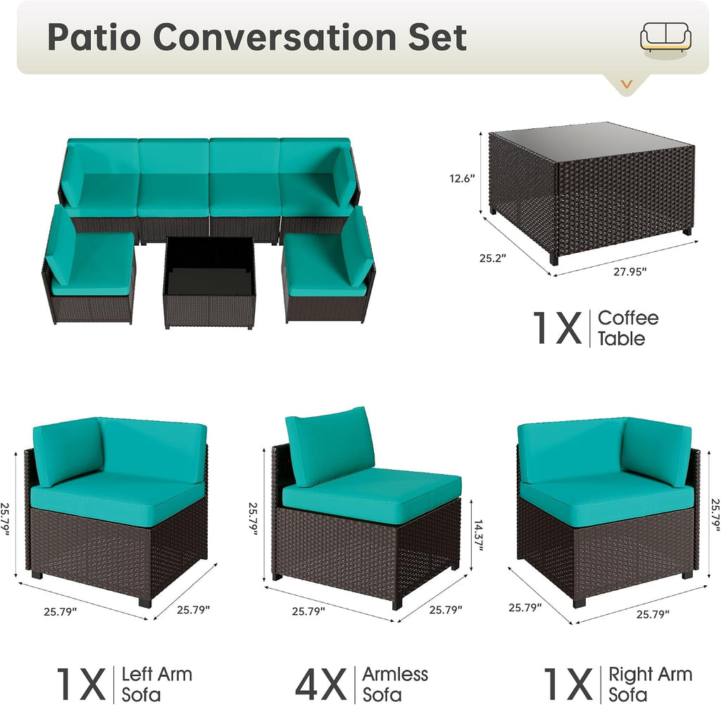 LHBcraft 7 Piece Patio Furniture Set, Outdoor Furniture Patio Sectional Sofa, All Weather PE Rattan Outdoor Sectional with Cushion and Coffee Table