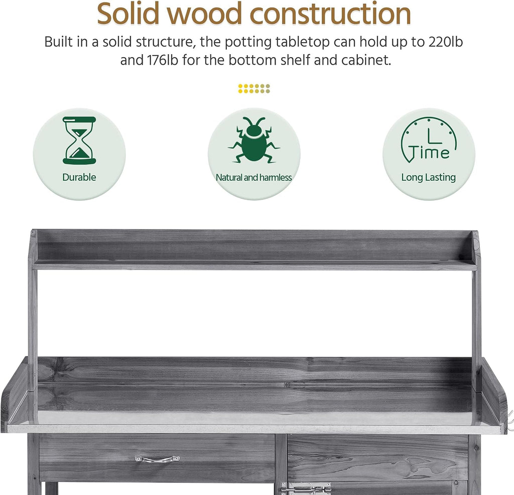 Topeakmart Garden Potting Bench Wooden Workstation Outdoor Wooden Potting Table W/Top Shelf & Lower Shelf & Cabinet Drawer & Open Shelf Gray