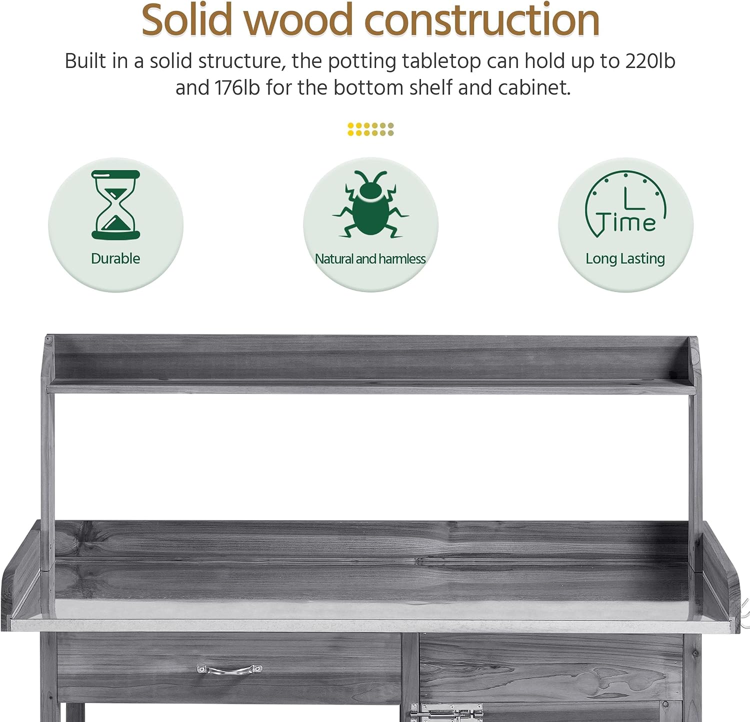 Topeakmart Garden Potting Bench Wooden Workstation Outdoor Wooden Potting Table W/Top Shelf & Lower Shelf & Cabinet Drawer & Open Shelf Gray