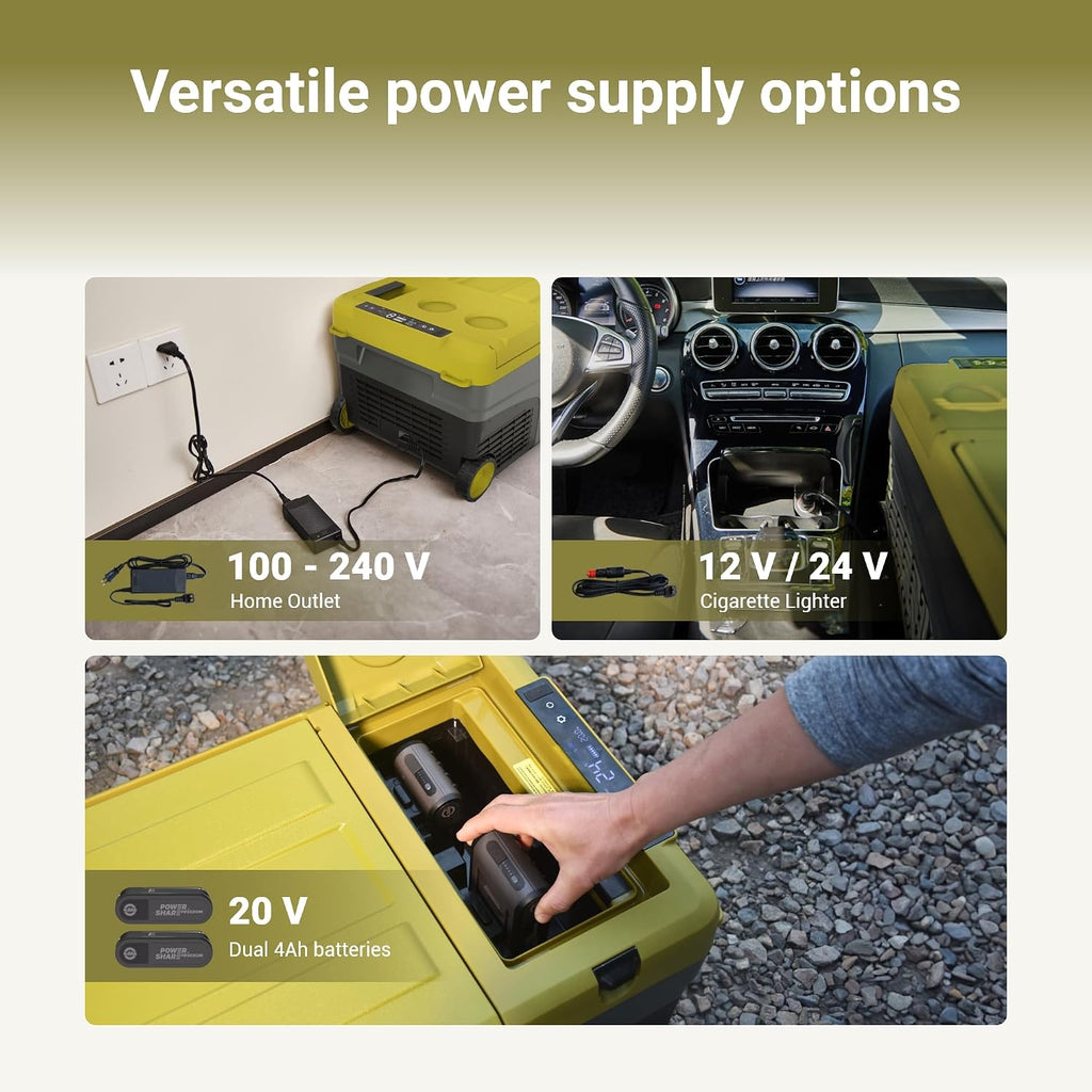 EXIT 20V Outdoor mini refrigerator EX100, battery powered electric cooler -4°F to 68°F, 12/24V DC 100~240 Volt AC for Outside Camping, Tailgating, Includes two Replaceable 4.0 Ah Batteries